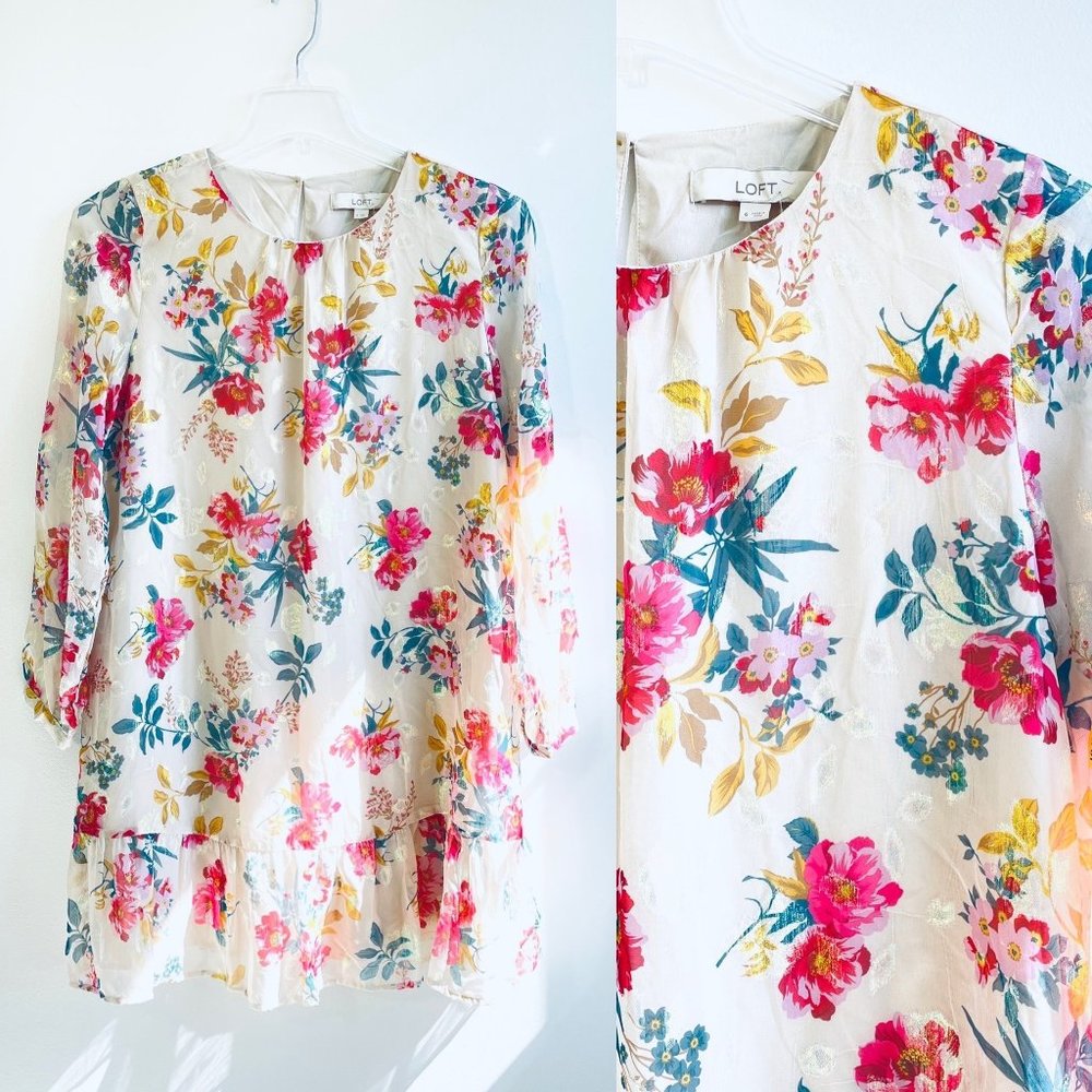 Loft Womens Shimmer Floral Blossom Long Sleeve Mini Shift Ruffle Dress Size 6